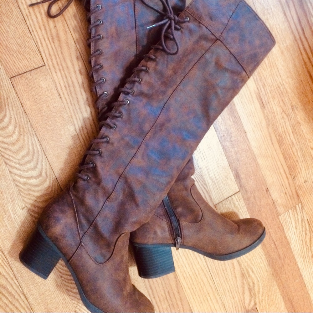 SOLD OTK Lace Up Back Cognac Boots - Picture 1 of 4